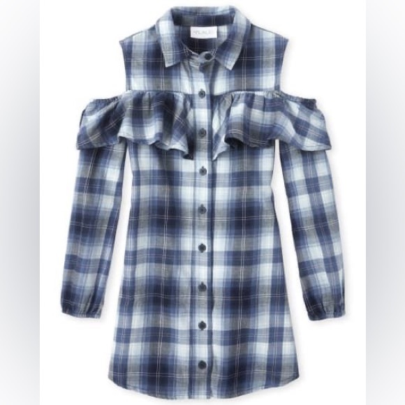 The Children's Place Girls Lake Blue Plaid Cold Shoulder Shirt Dress. Size 5/6 - Picture 2 of 12